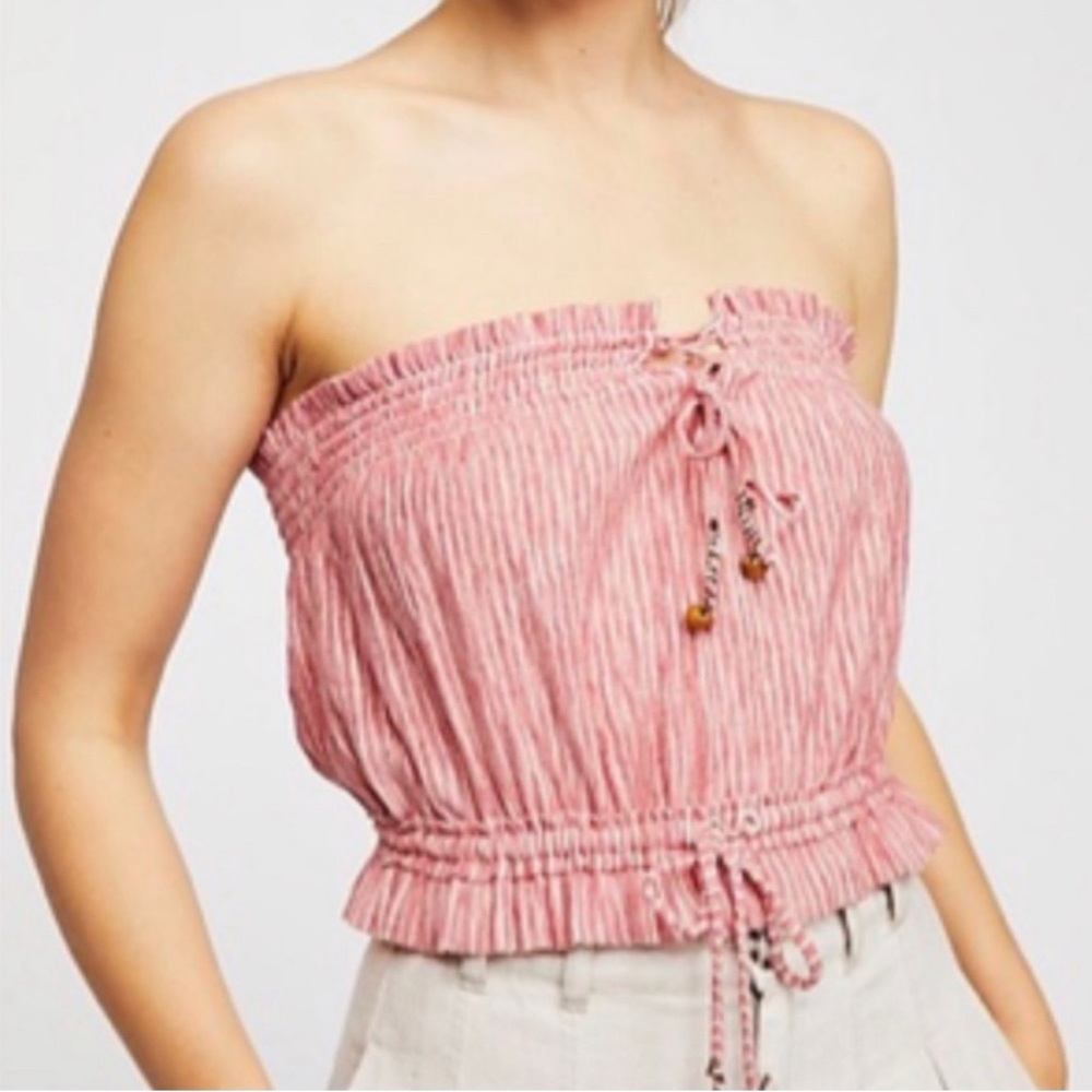 We The Free Pink Striped Strapless Crop Top